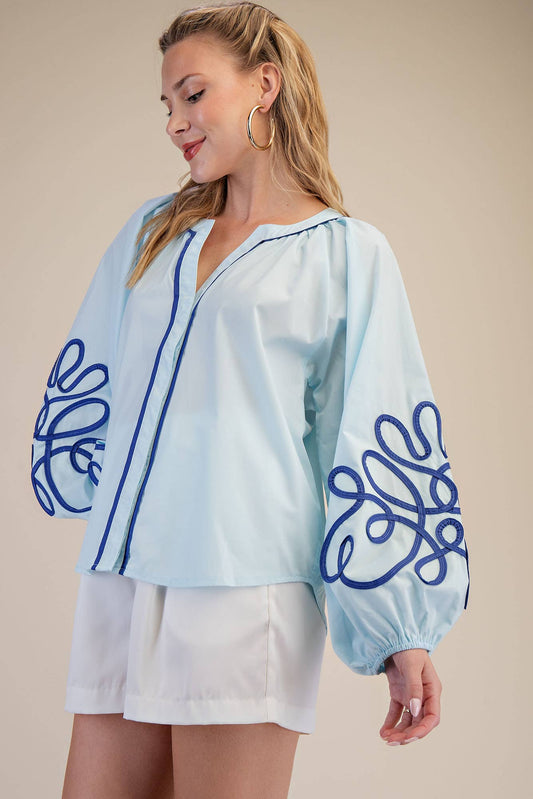 Soutache Contrast Detail Puff Sleeve Blouse