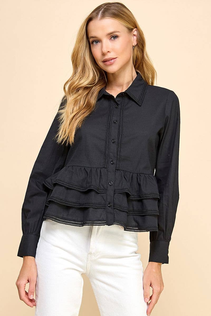 Button Up Long Sleeve Peplum Waist Top