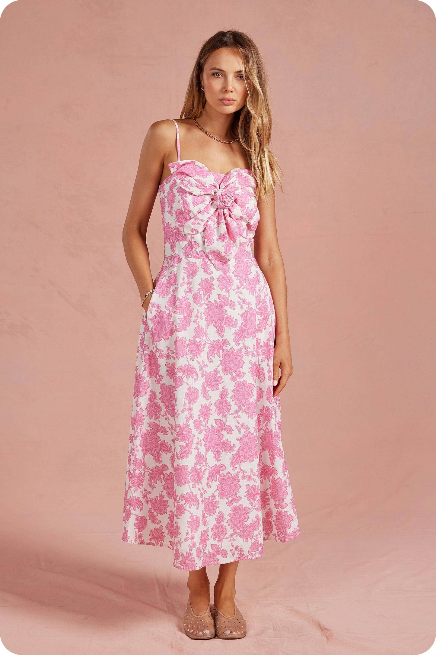 Botanical Garden Bow Flower Sleeveless Midi Dress