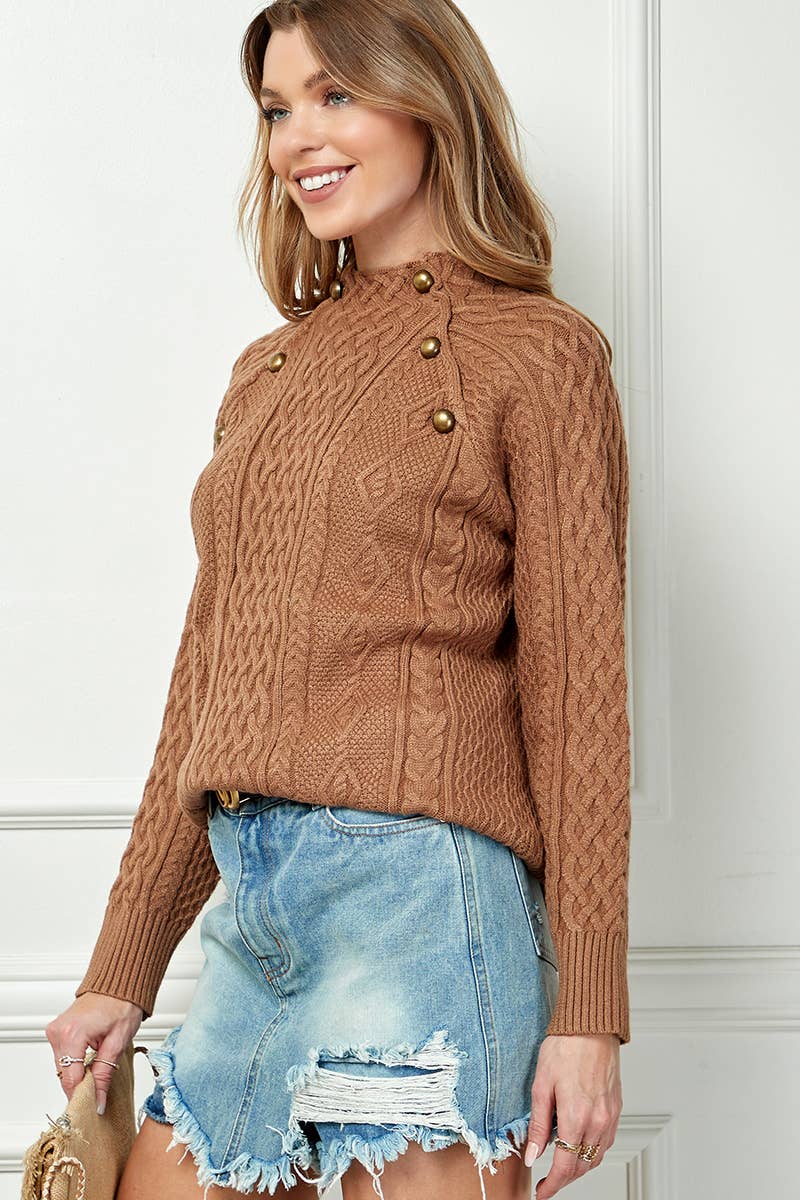 Mock Neck Button Knitted Sweater