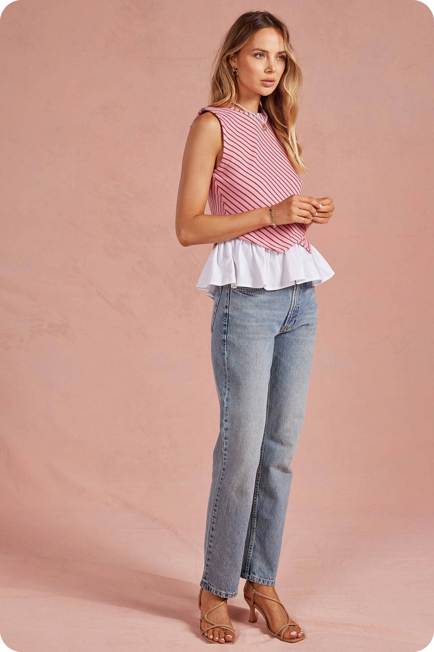 Wrap-Over Mixed Media Sleeveless Striped Knit Top