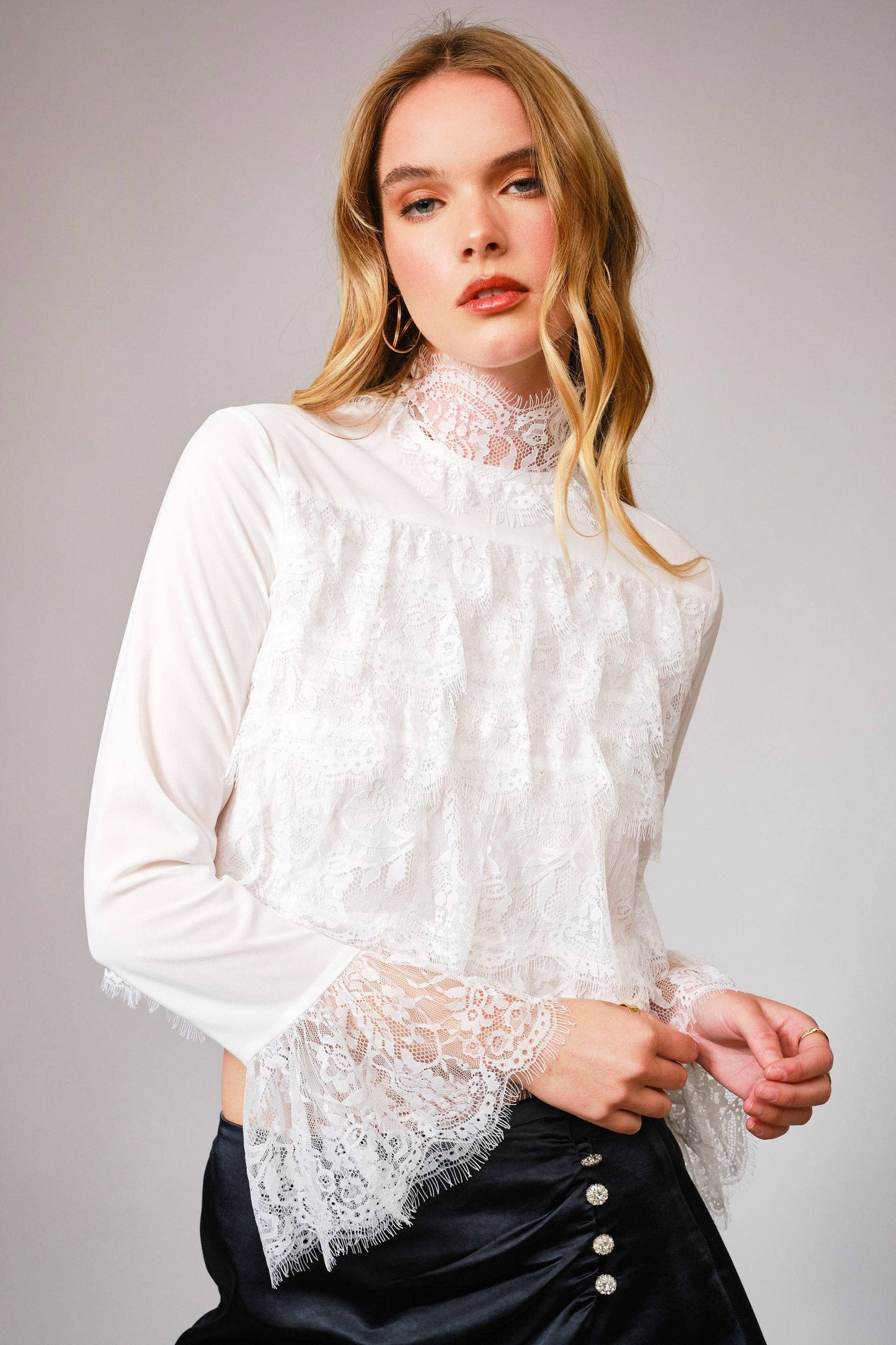 Mock Neck Tiered Lace Bell Sleeve Top