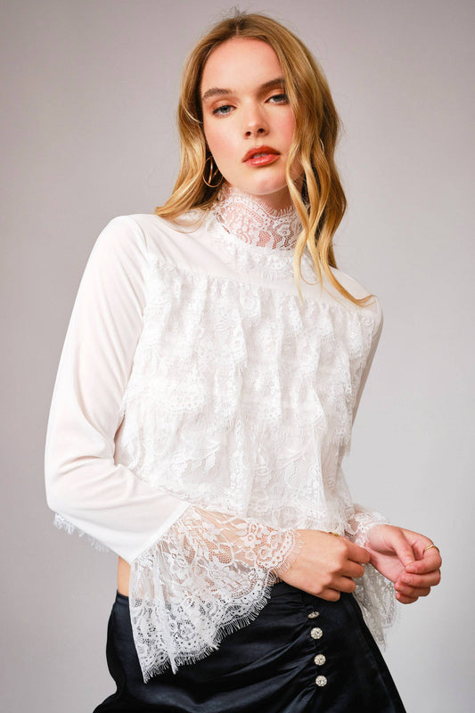 Mock Neck Tiered Lace Bell Sleeve Top