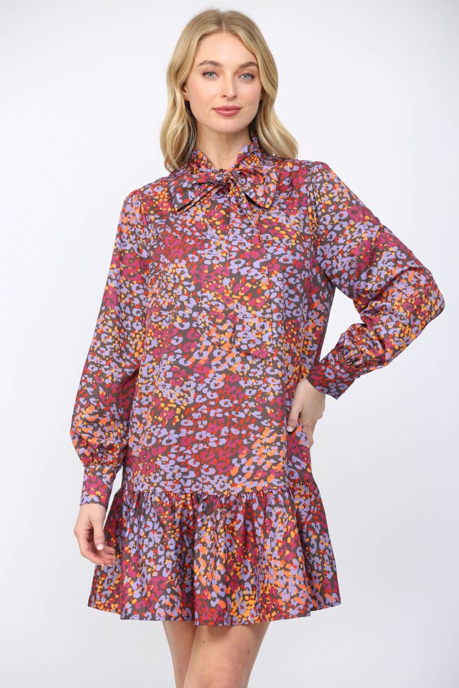 ABSTRACT ANIMAL PRINT TIE NECKLINE RUFFLE HEM DRESS