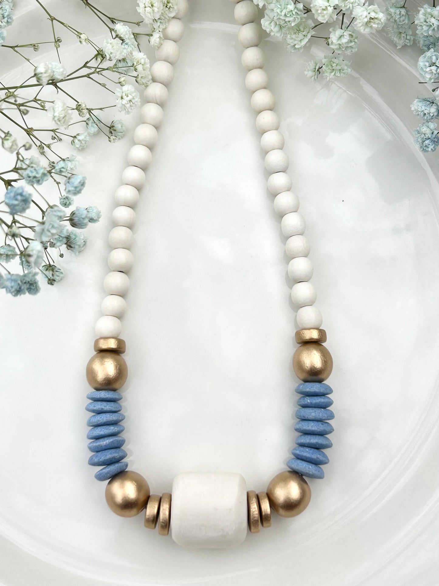 blue/ gold beaded statement necklace
