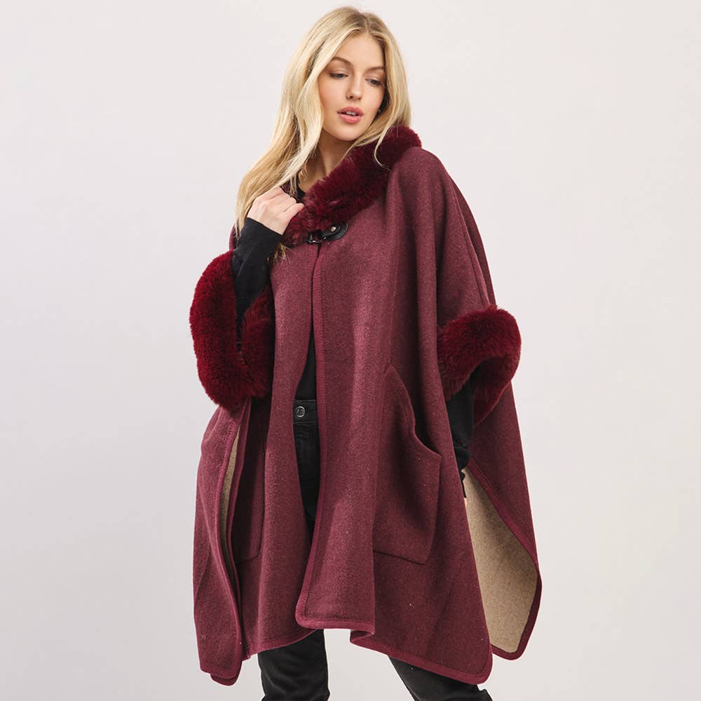 Faux Fur Trim Toggle Clasp Front Cape Wrap Poncho