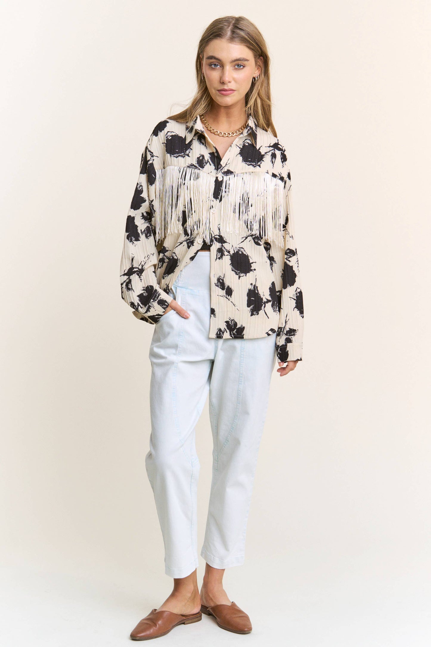 Floral Silhouette Fringe Button Up Blouse