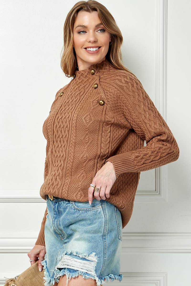 Mock Neck Button Knitted Sweater