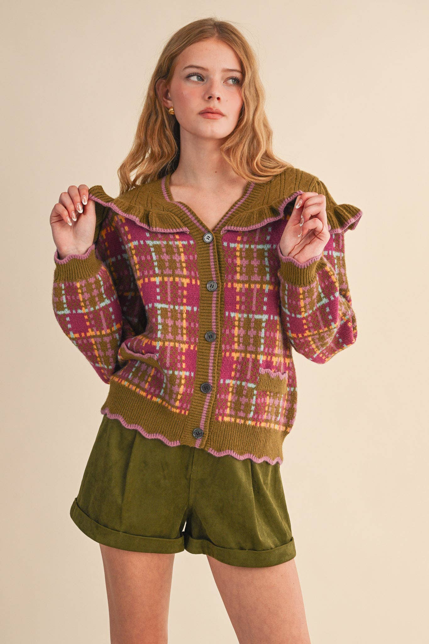 RUFFLED YOKE PLAID SWEATER CARDIGAN- Preorder