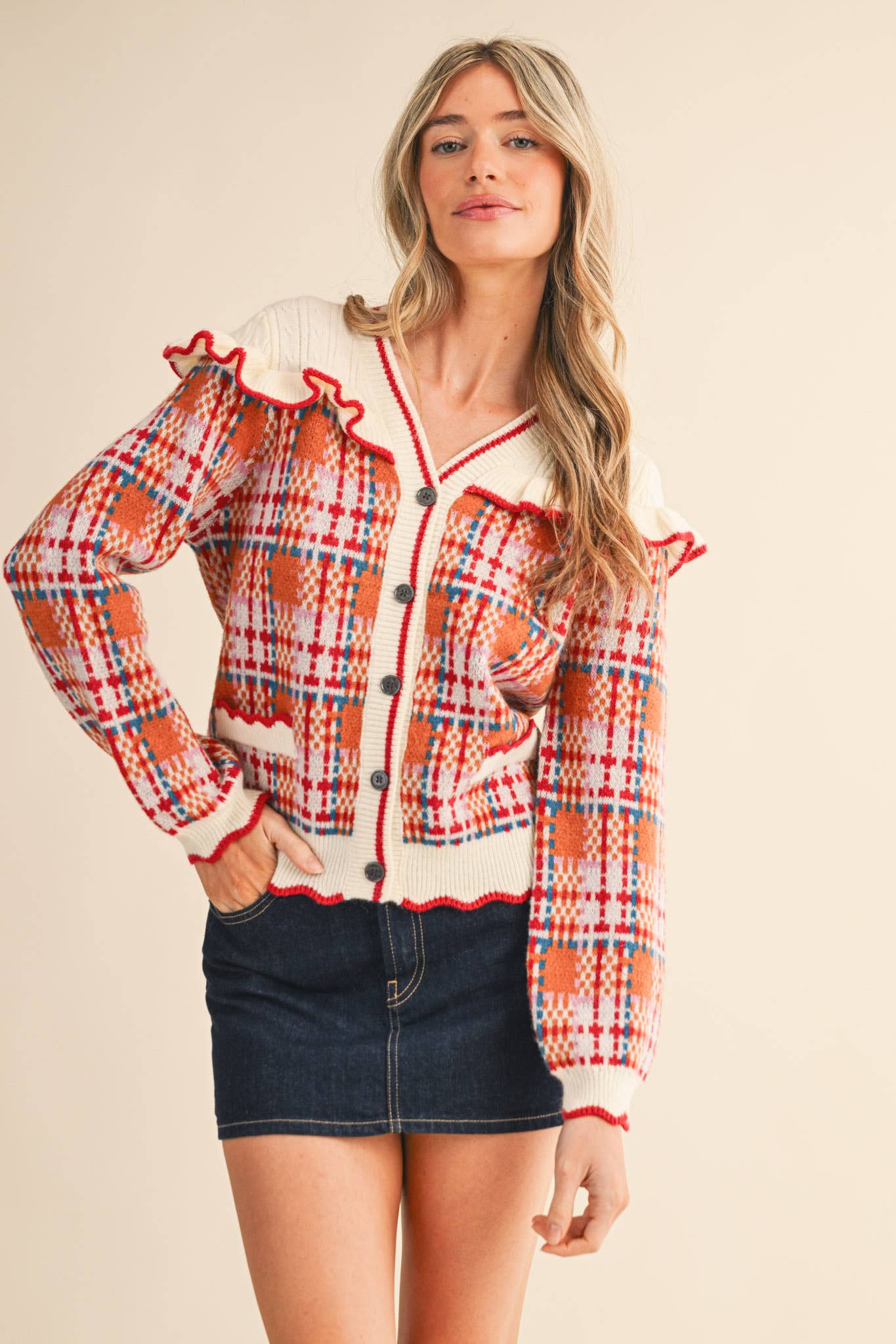 RUFFLED YOKE PLAID SWEATER CARDIGAN- Preorder