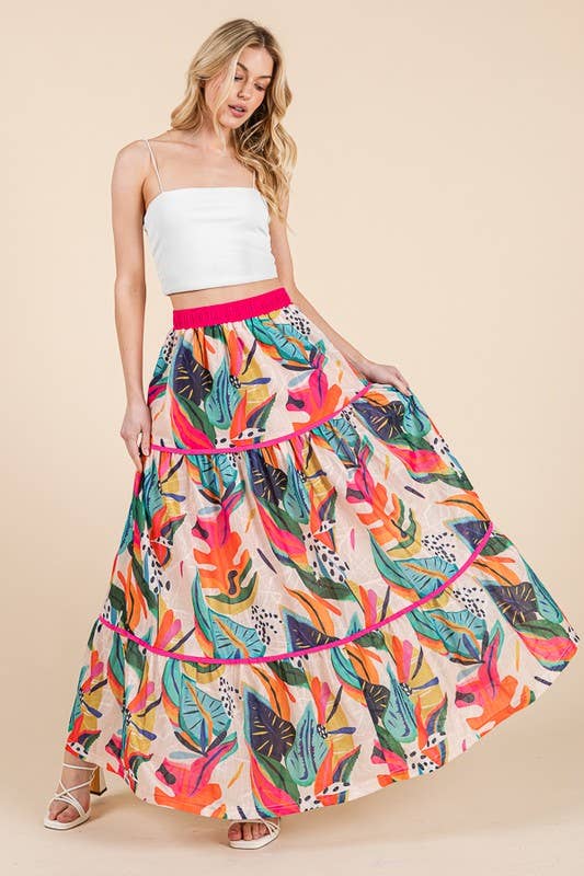 Abstract Print Tiered Maxi Skirt with Contrast Trim