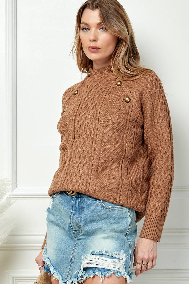 Mock Neck Button Knitted Sweater