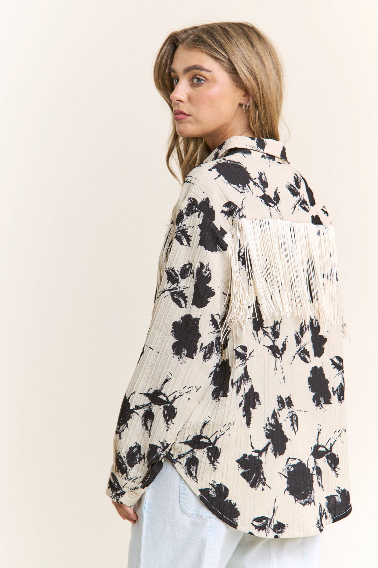 Floral Silhouette Fringe Button Up Blouse