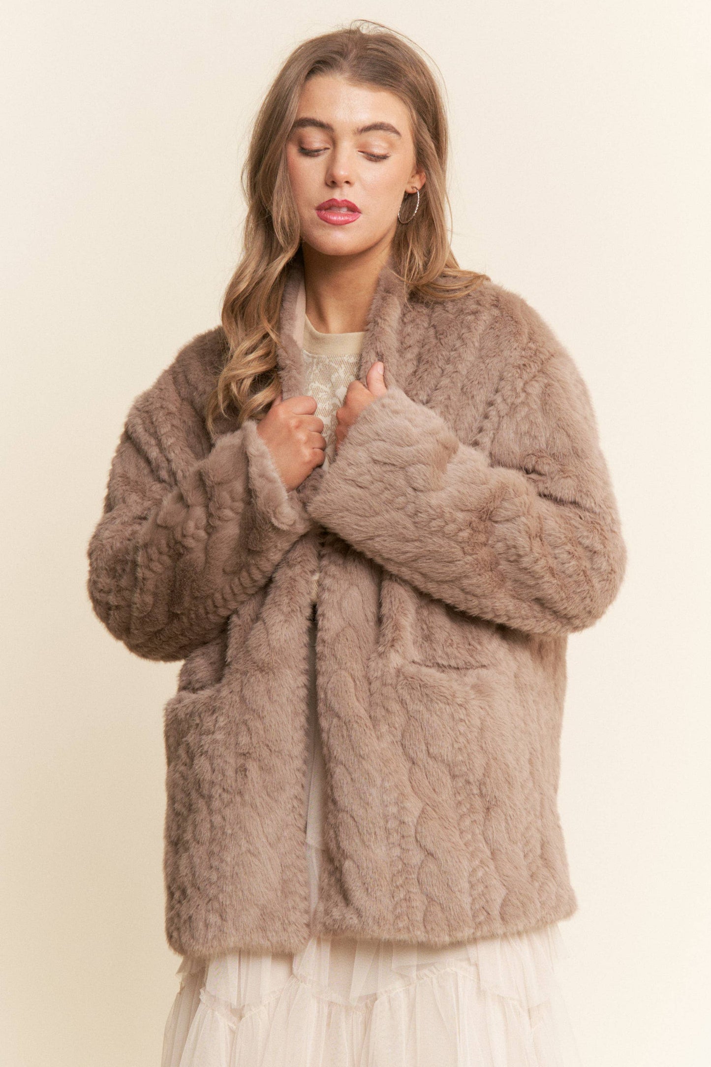 Faux Fur Pressed Print Open Coat