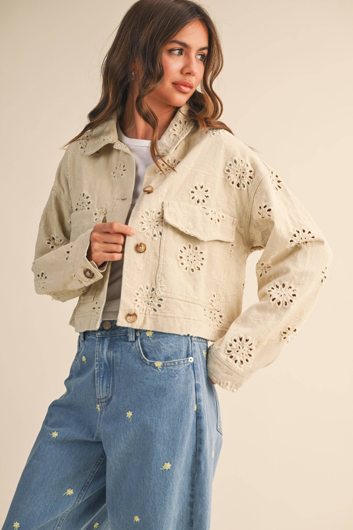 EYELET TWILL CROPPED JACKET