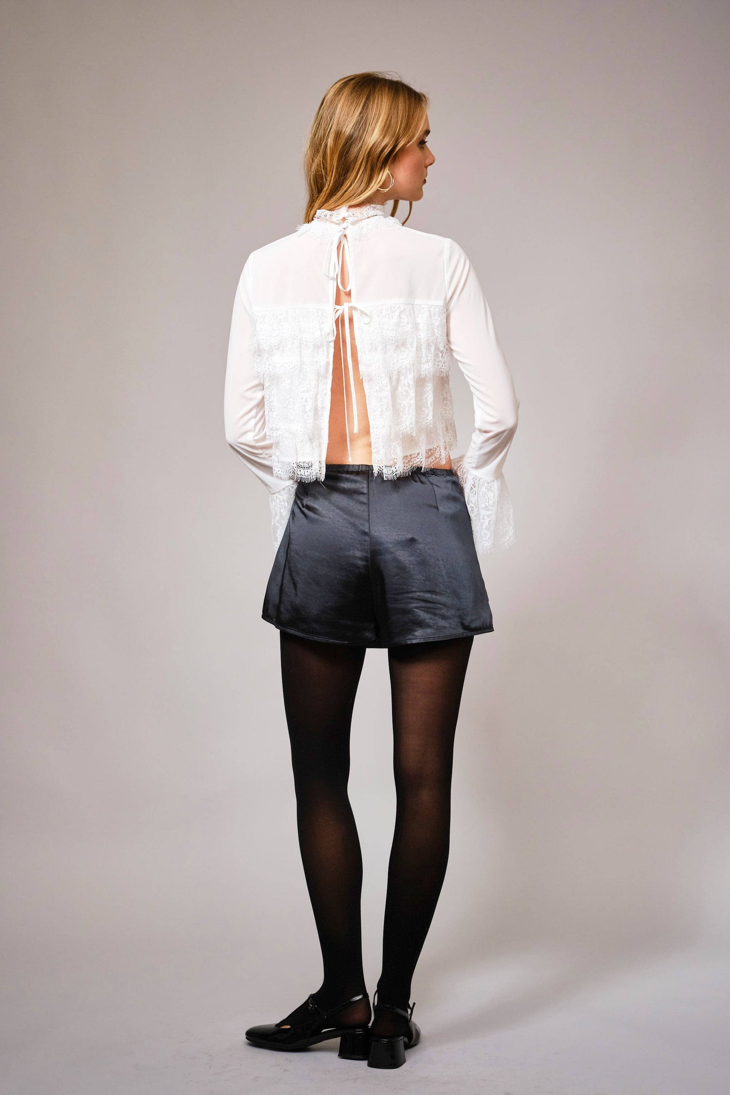 Mock Neck Tiered Lace Bell Sleeve Top