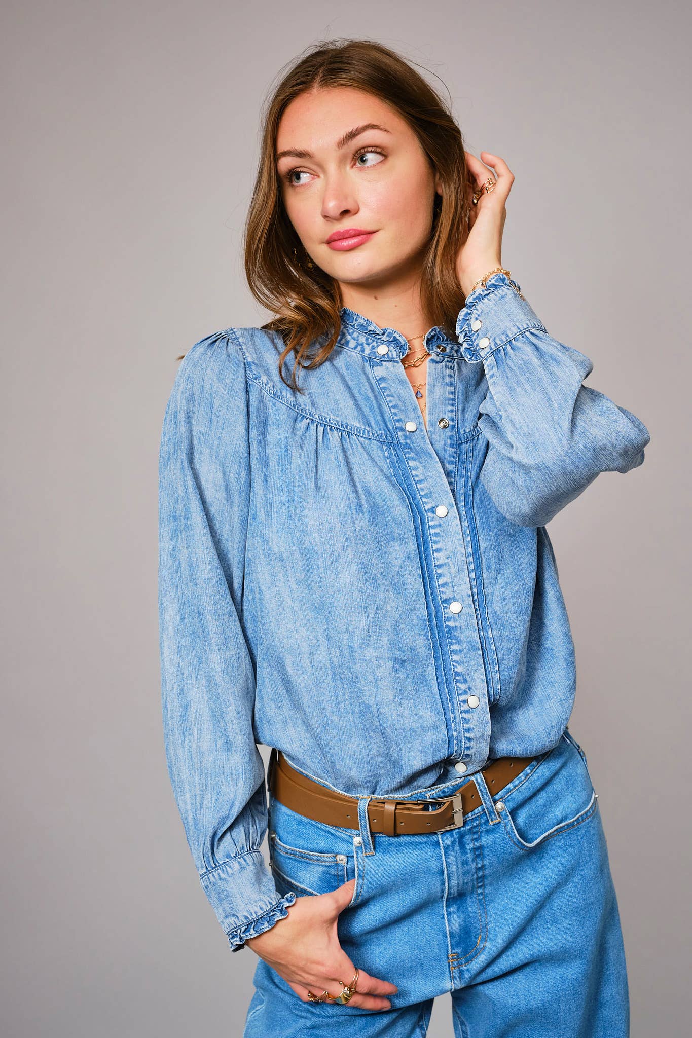 - Ruffle Neck Denim Snap Button Shirt