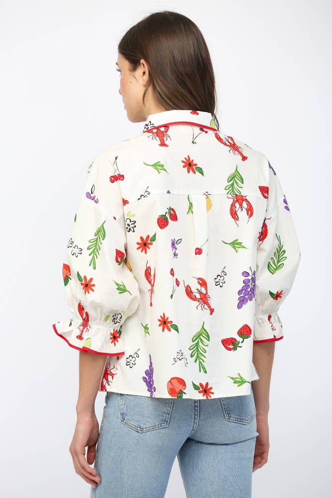 PIPING SUMMER PRINT BUTTON DOWN BLOUSE