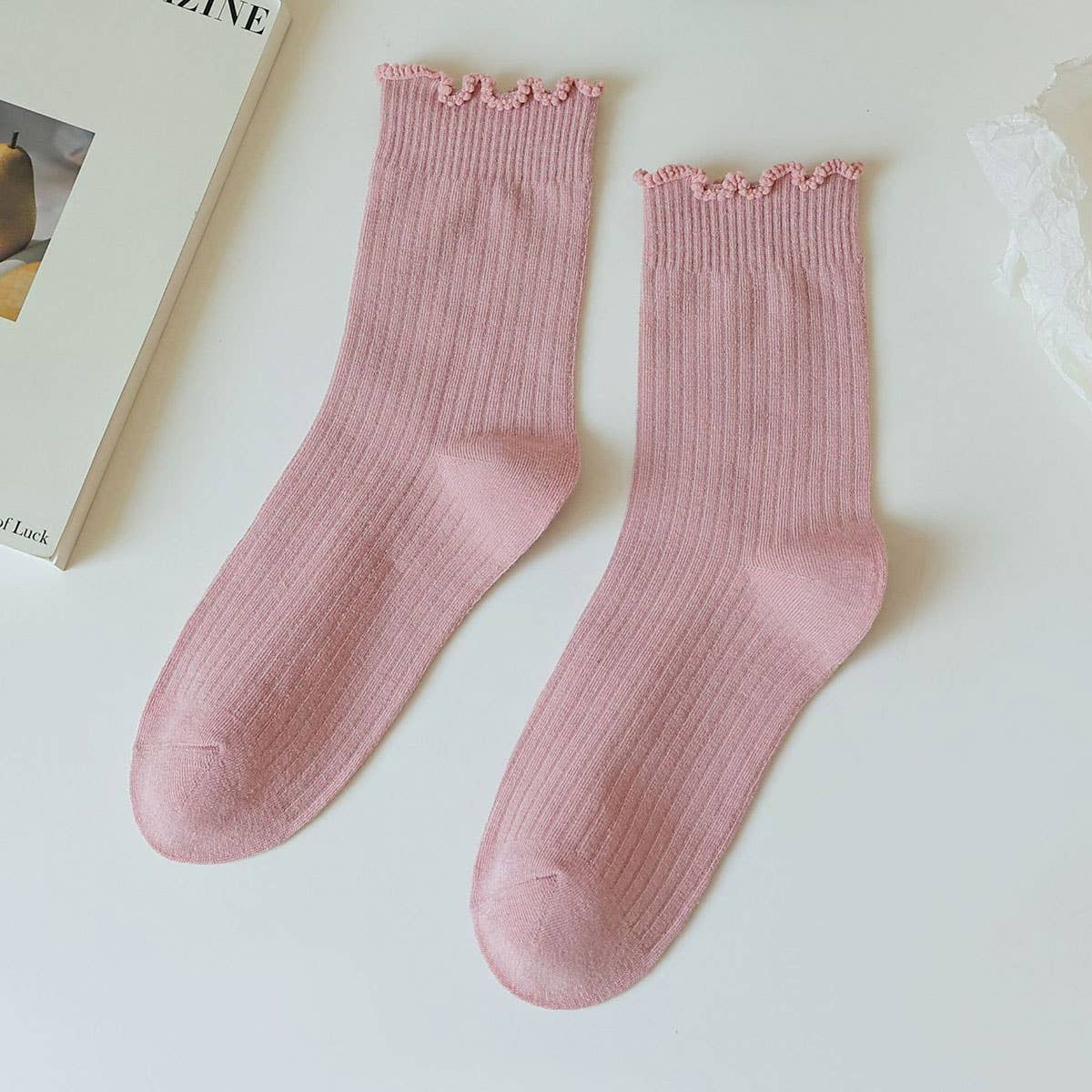 Ruffle Solid Crew Socks for Womens_CWMS0286