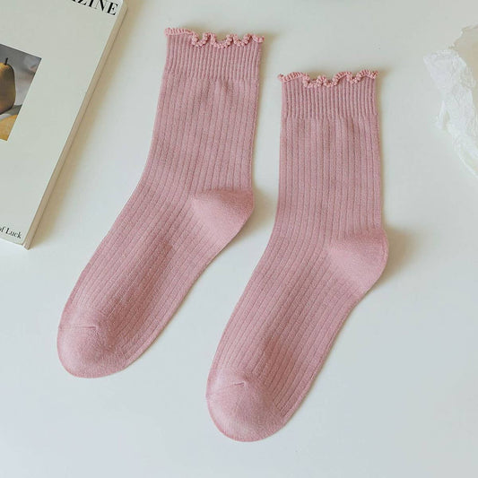 Ruffle Solid Crew Socks for Womens_CWMS0286