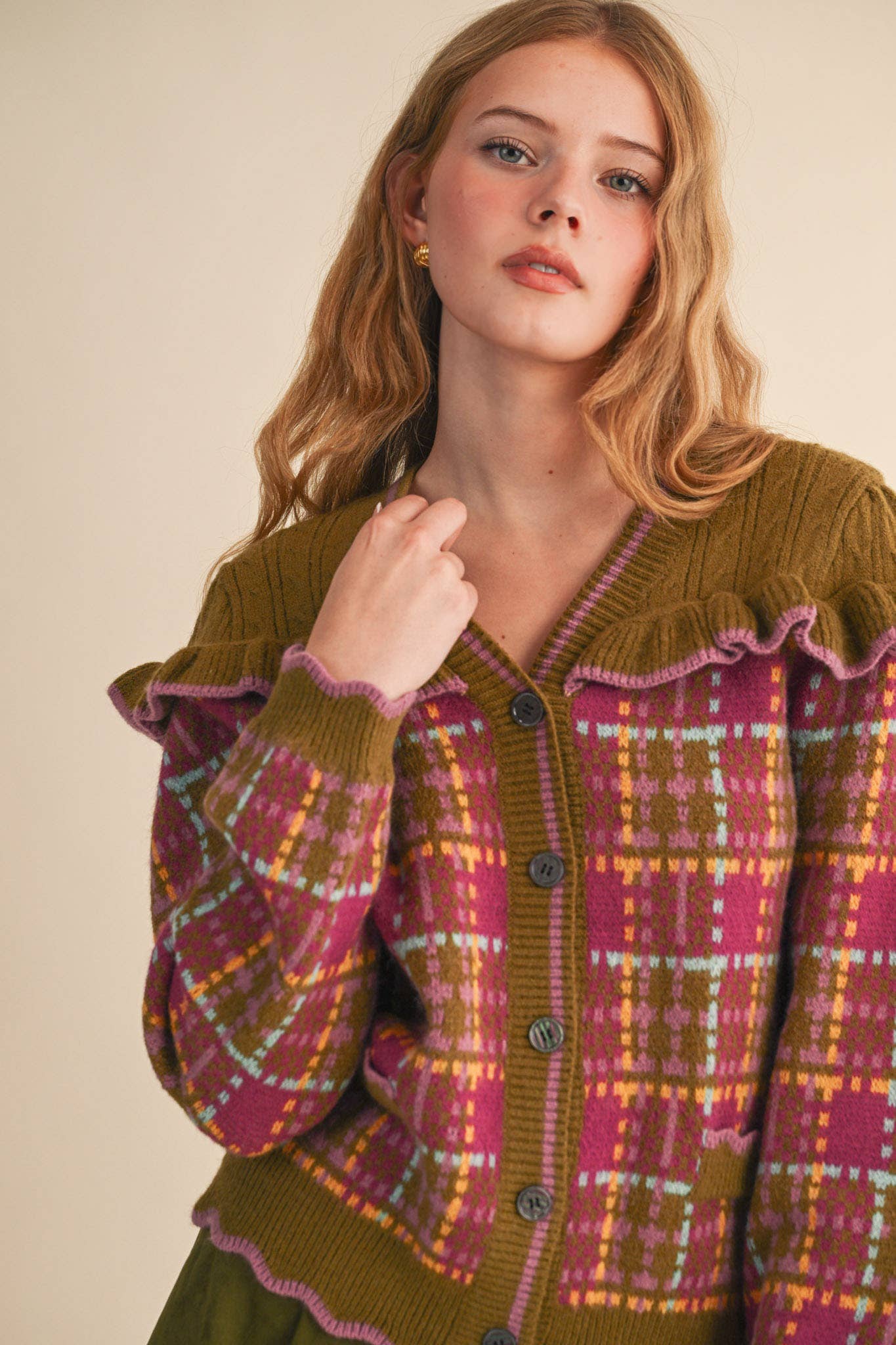 RUFFLED YOKE PLAID SWEATER CARDIGAN- Preorder
