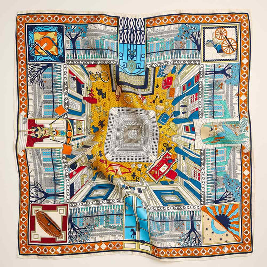 Whimsical Cityscape Printed Square Silky Satin Scarf
