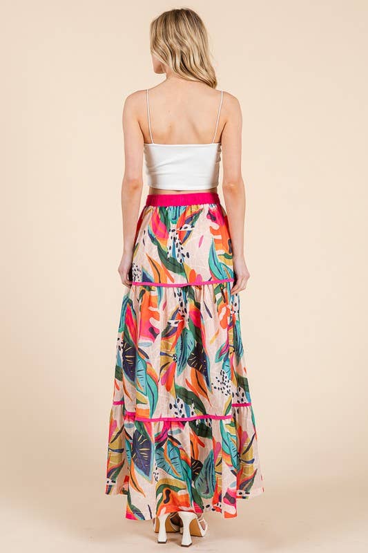 Abstract Print Tiered Maxi Skirt with Contrast Trim