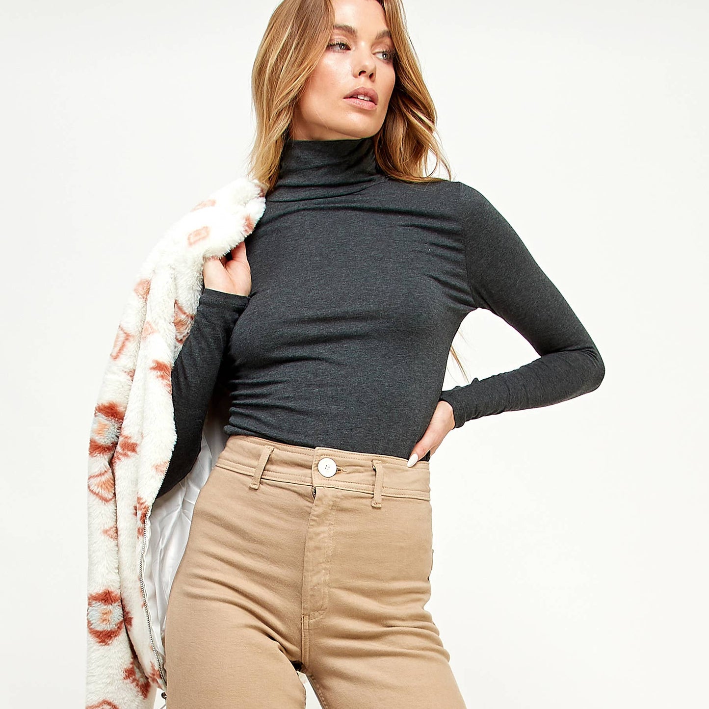 Black SCRUNCH MOCK NECK LONG SLEEVE TOP