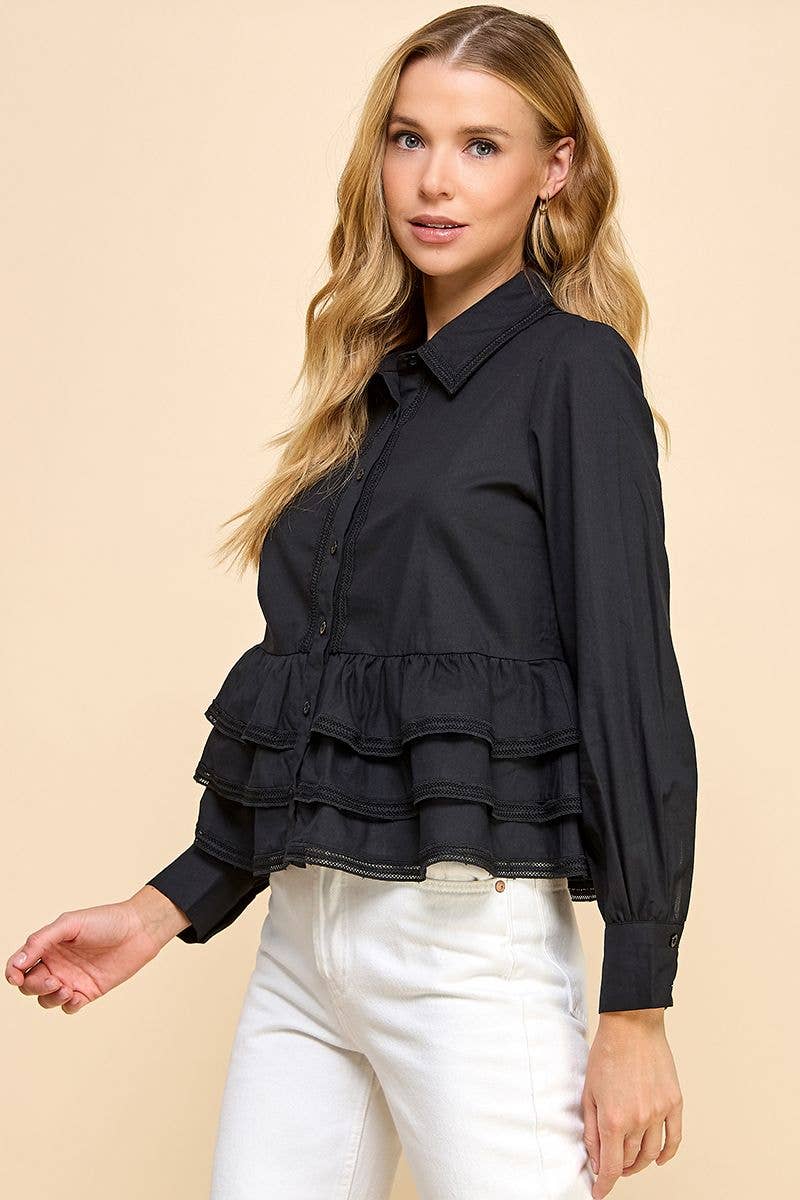 Button Up Long Sleeve Peplum Waist Top
