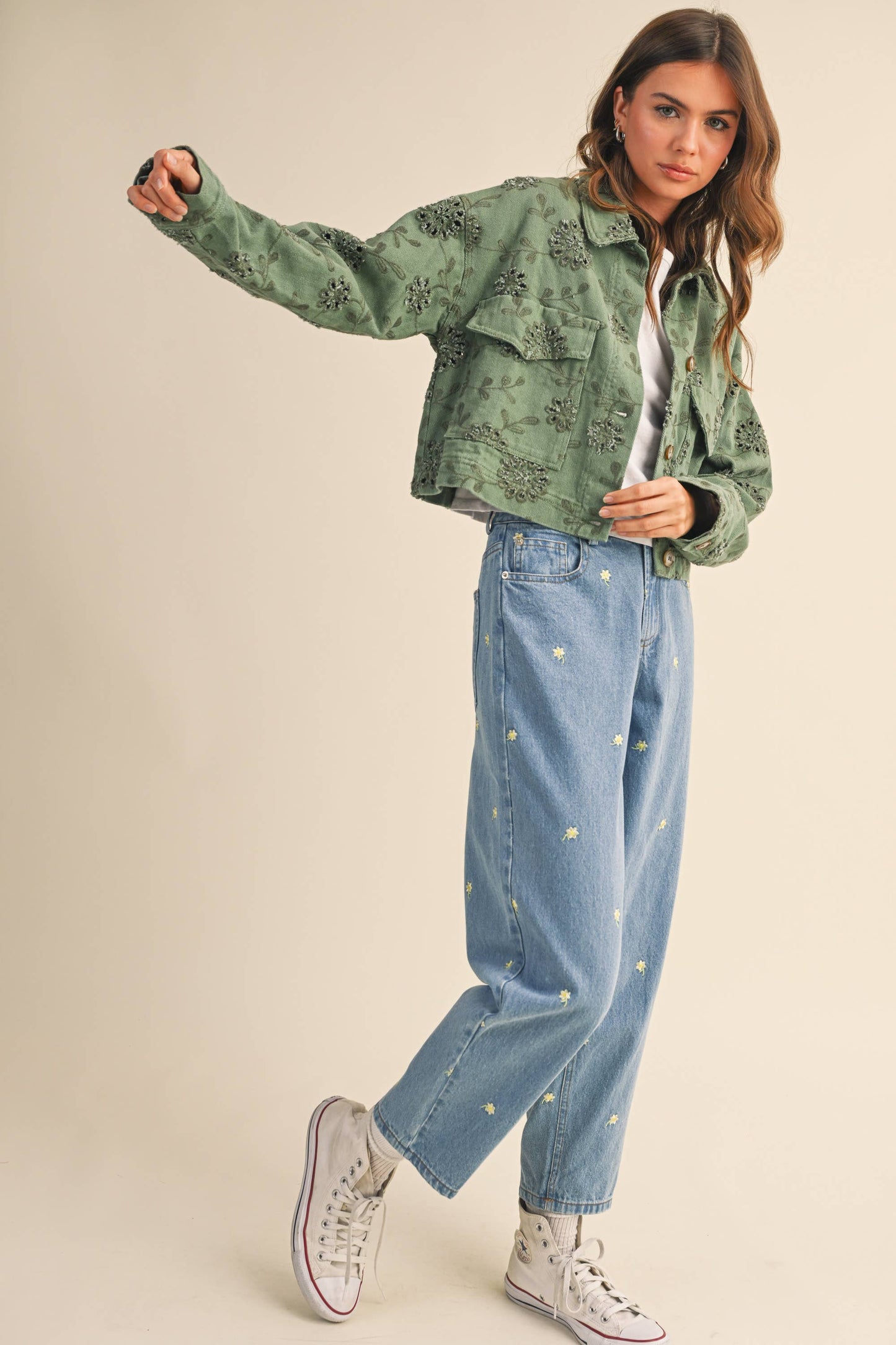 EYELET TWILL CROPPED JACKET