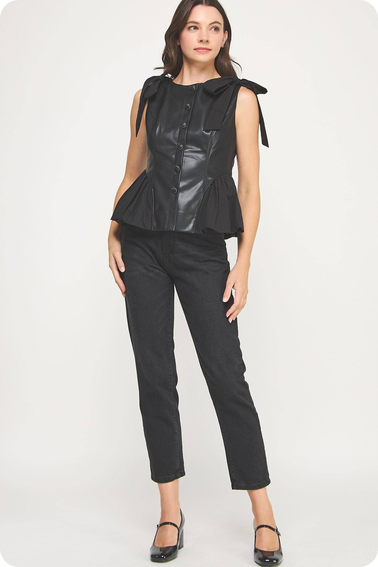 Button Down Detail Faux Leather Bubble Top
