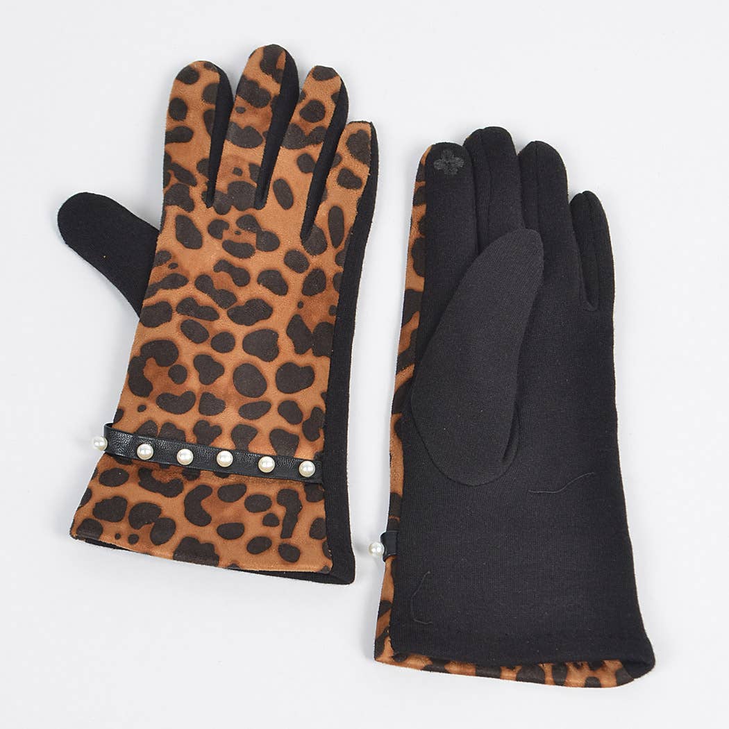 Faux Leopard Suede Gloves W Imitation Pearl