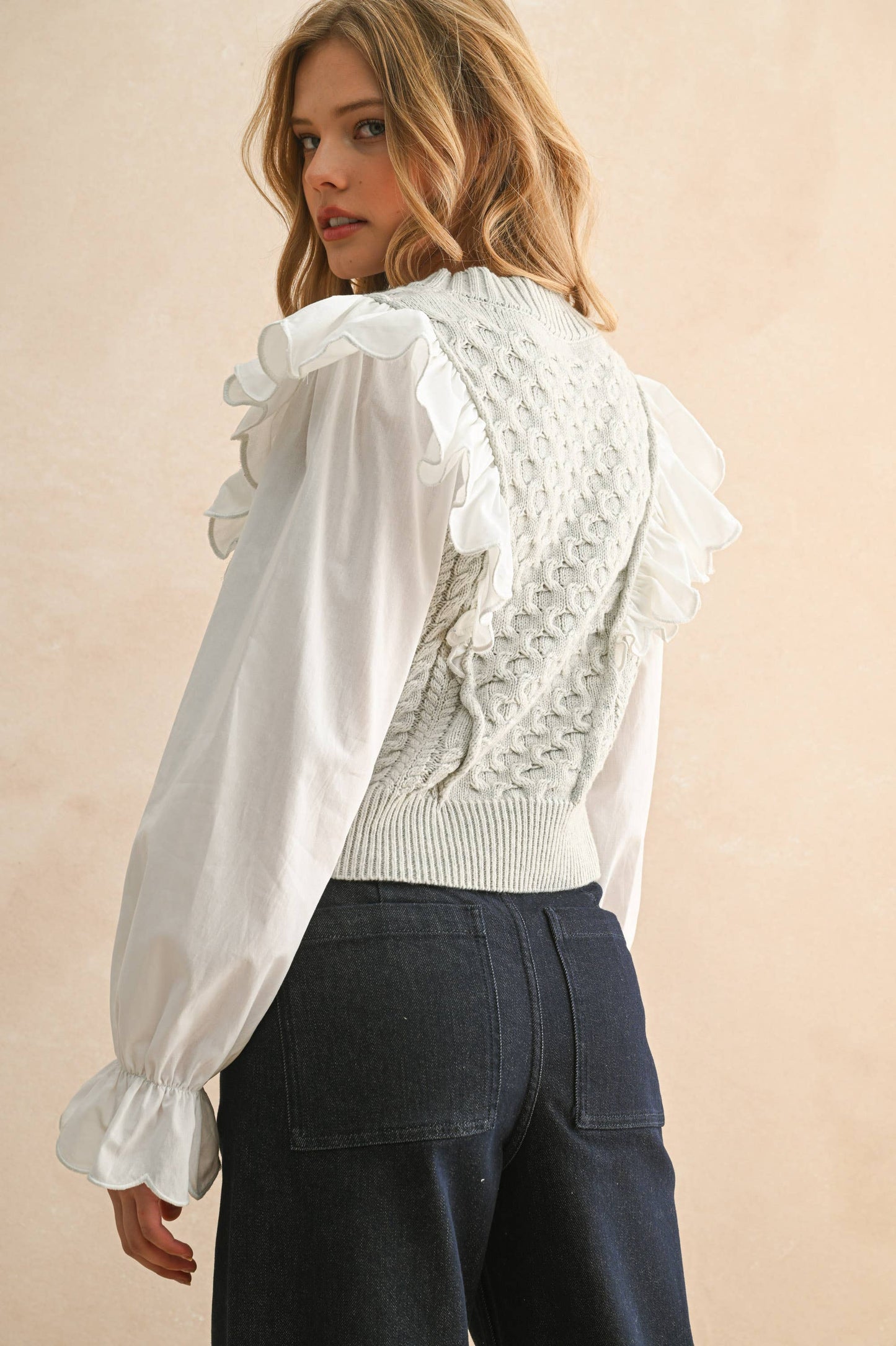 RUFFLE TRIMMED LONG SLEEVE SWEATER COMBO BLOUSE
