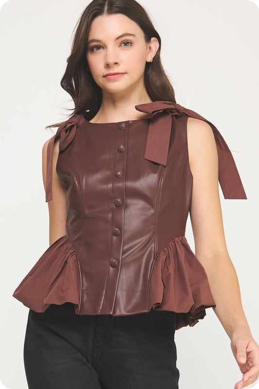 Button Down Detail Faux Leather Bubble Top