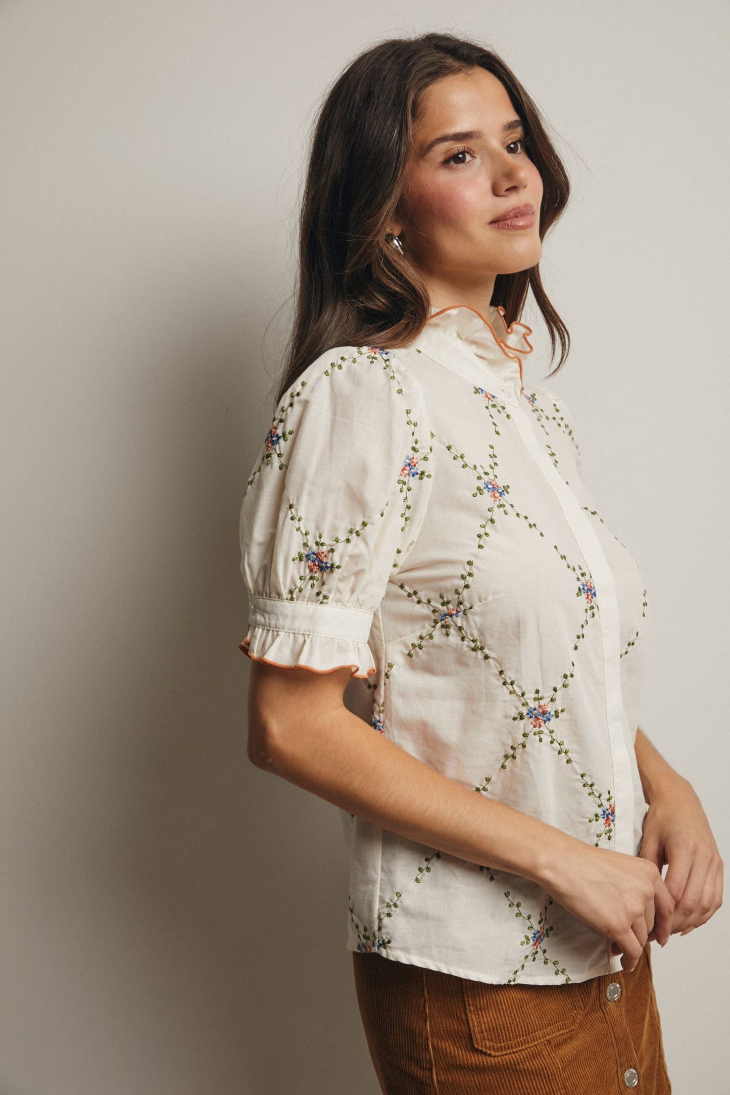 Embroidered Ruffle Collar Cotton Blouse- preorder
