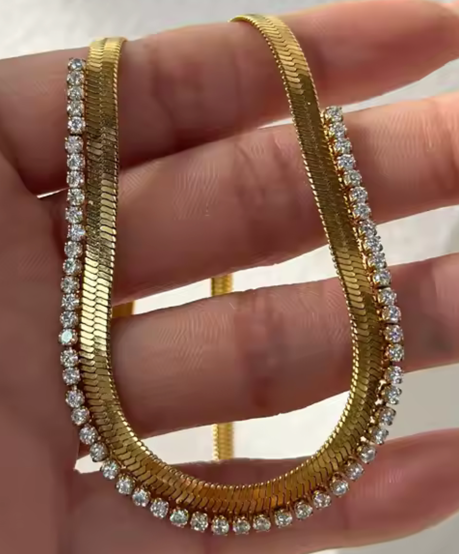 Cecile-Herringbone CZ- Steel Necklace- 14K