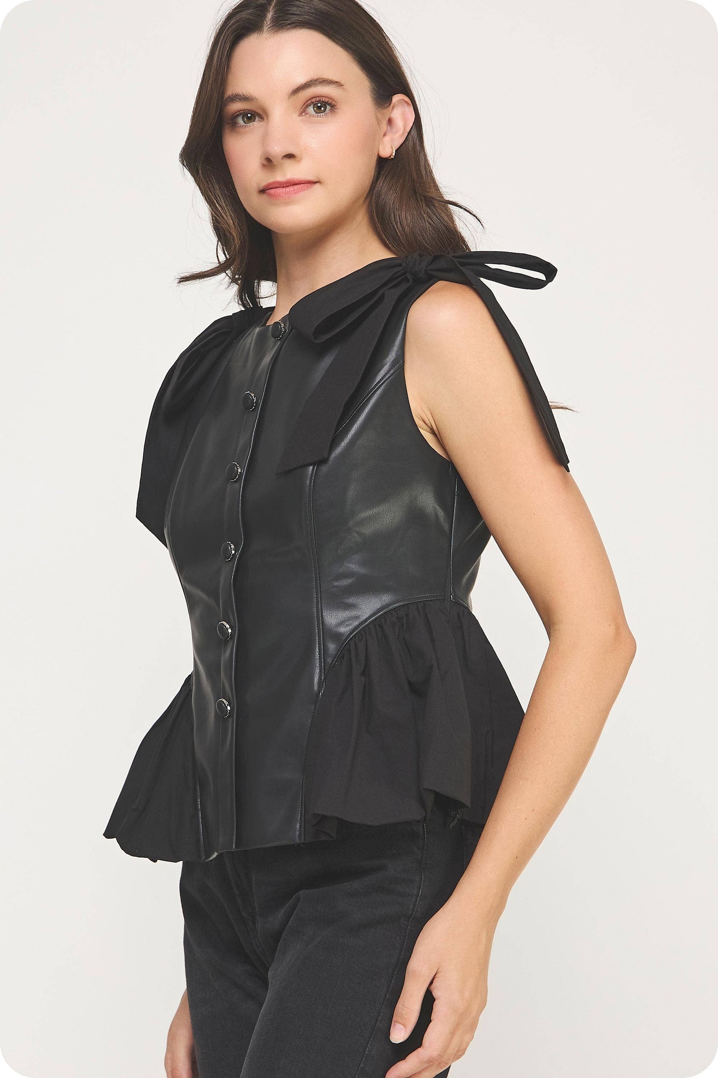 Button Down Detail Faux Leather Bubble Top