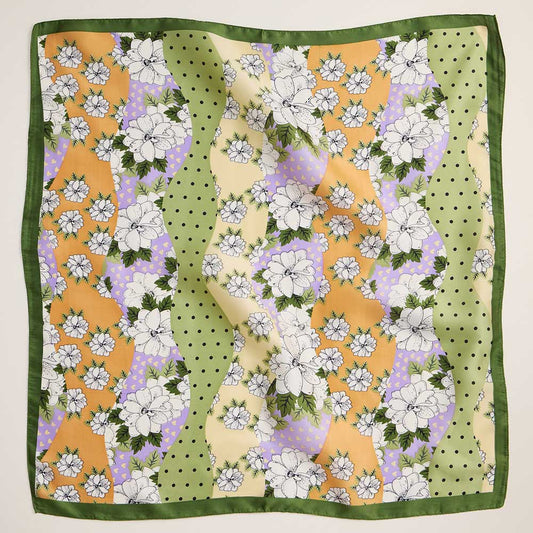 Retro Floral Patchwork Printed Square Silky Satin Scarf