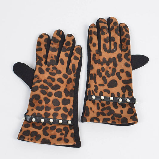 Faux Leopard Suede Gloves W Imitation Pearl