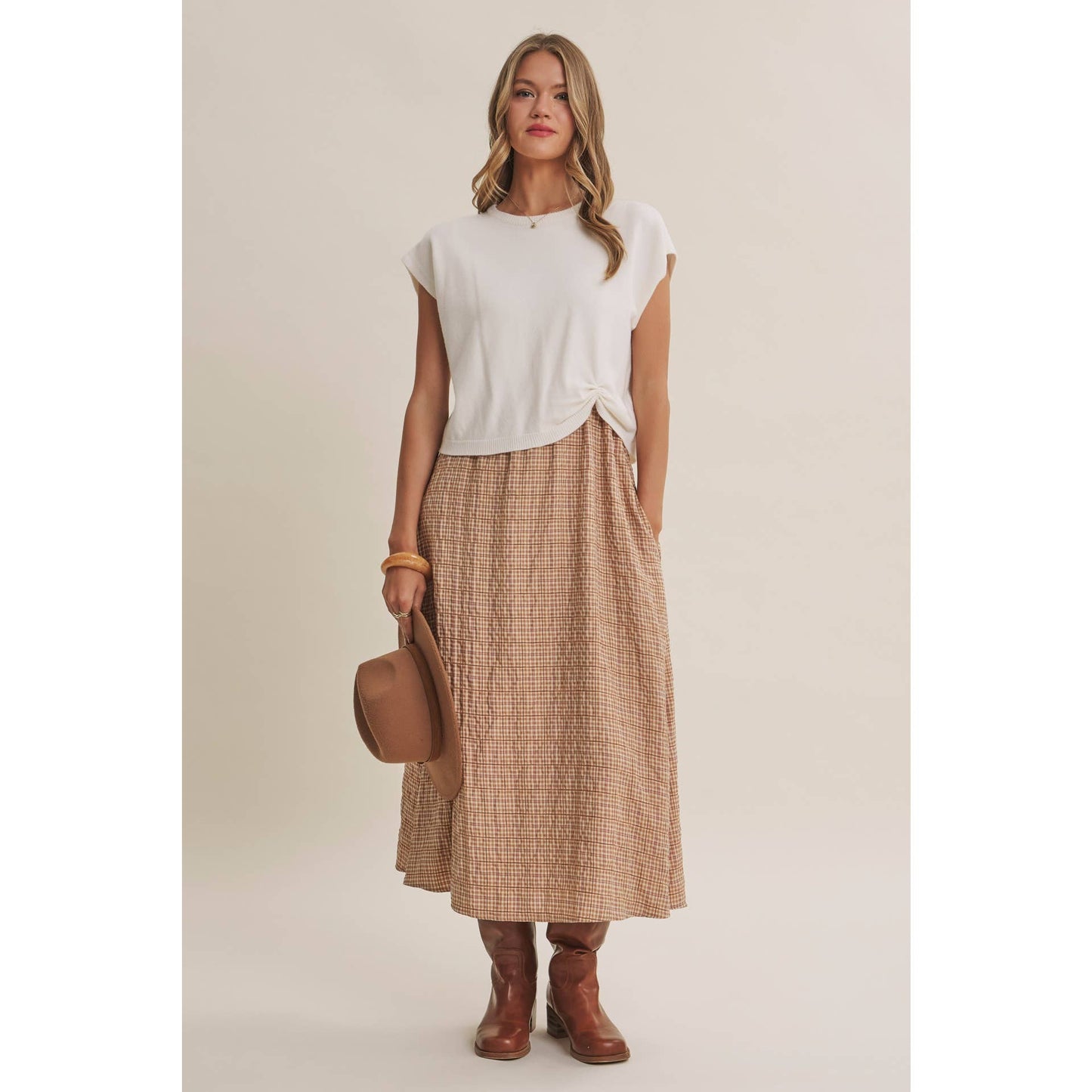 GINGHAM SWEATER MIDI DRESS