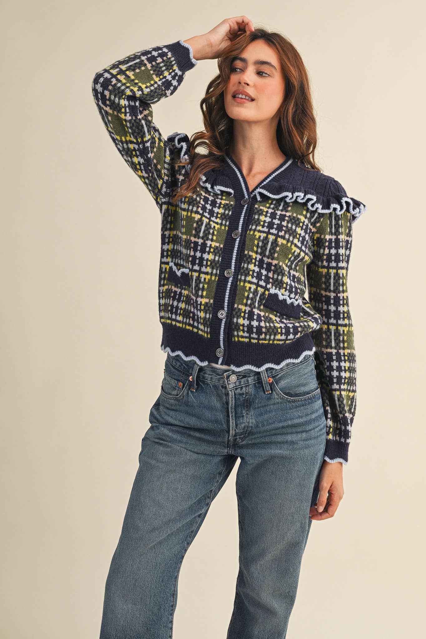 RUFFLED YOKE PLAID SWEATER CARDIGAN- Preorder