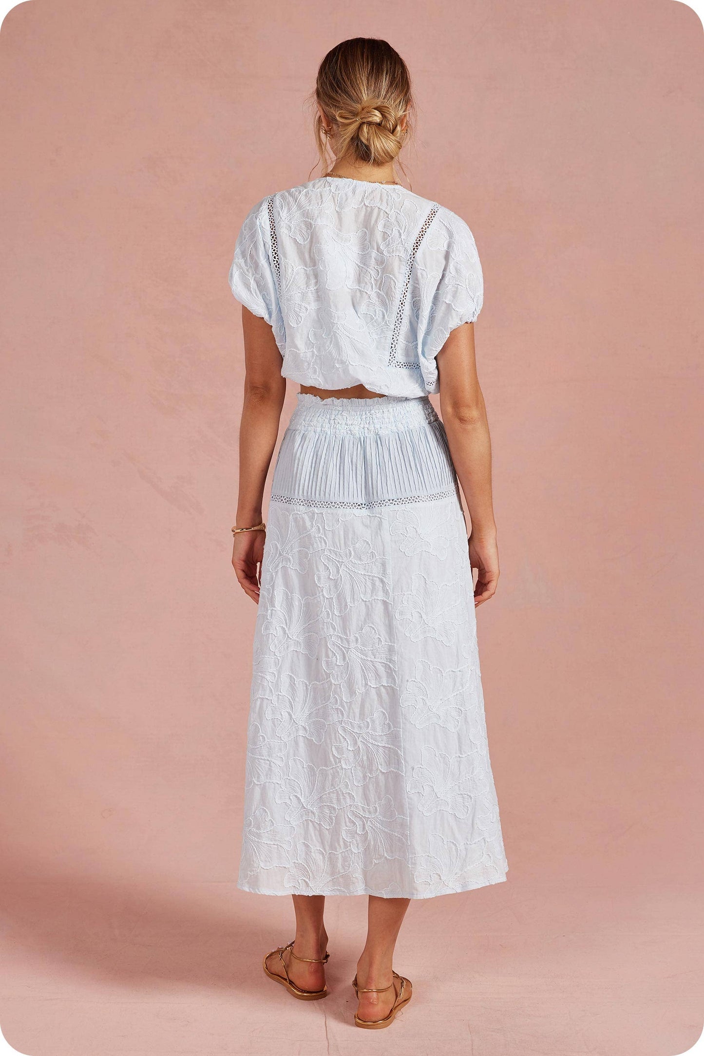 Floral Embroidery Cotton Lace Trim Skirt Top Set