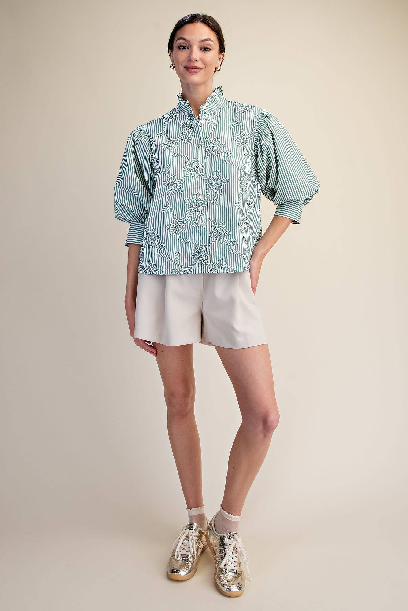 Puff Sleeve Blouse With Ruffle Neck Detail