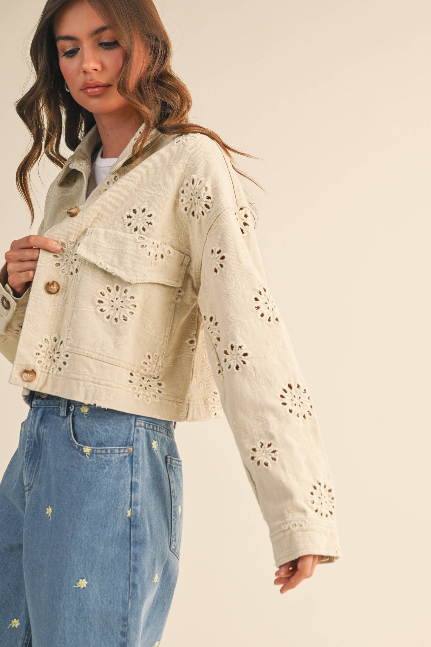 EYELET TWILL CROPPED JACKET