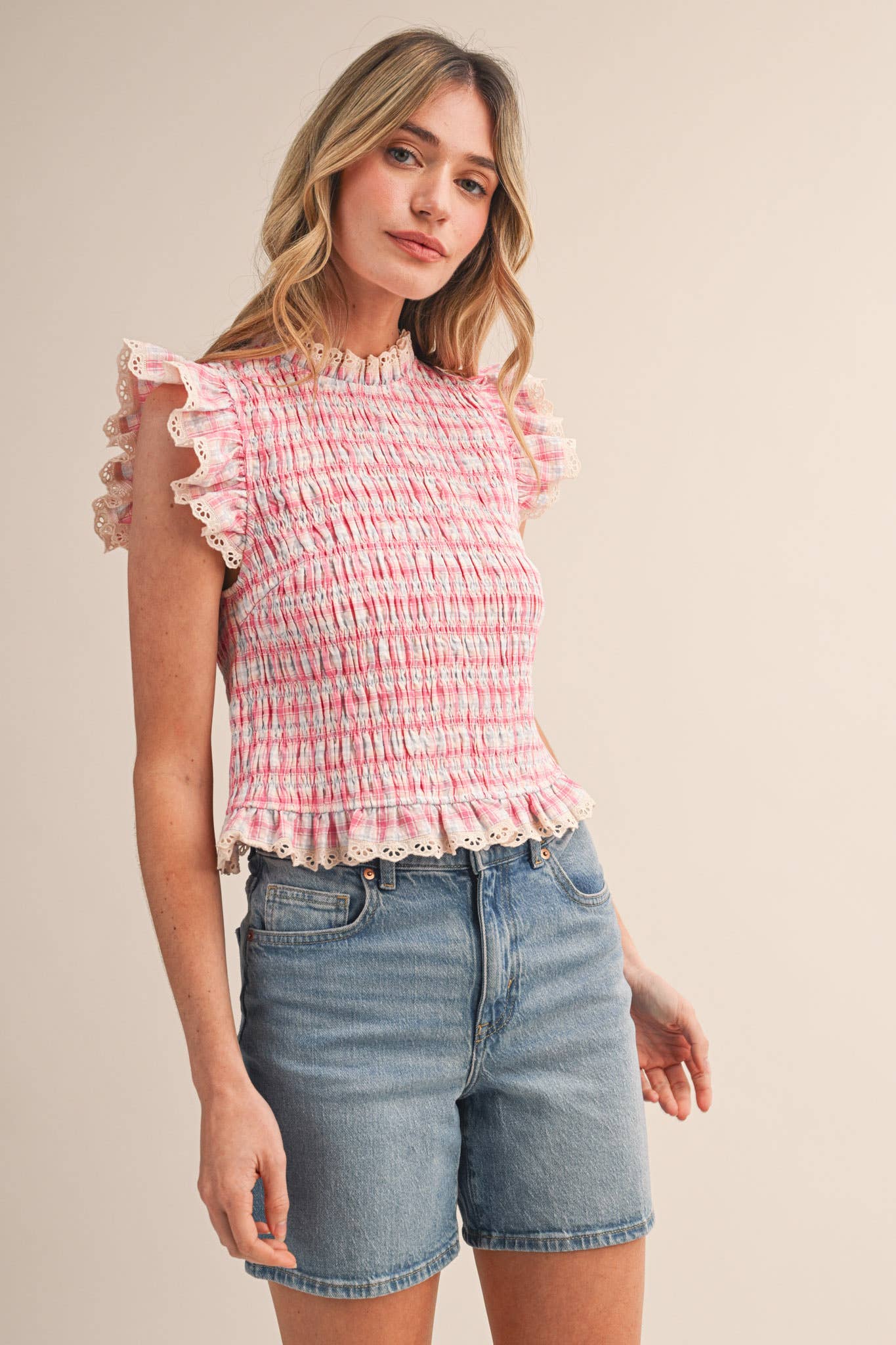 PLAID SMOCKED LACE TRIM TOP MTP4665