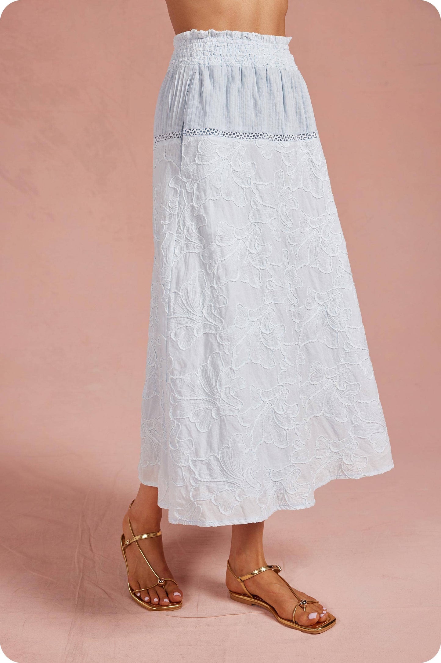 Floral Embroidery Cotton Lace Trim Skirt Top Set