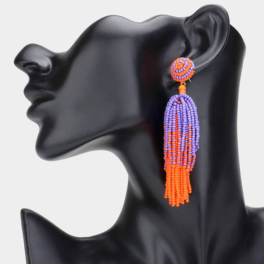 Game Day Seed Beaded Tassel Dangle Earrings