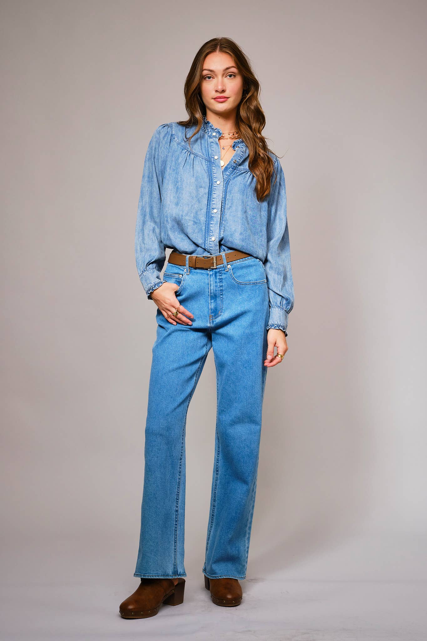 - Ruffle Neck Denim Snap Button Shirt