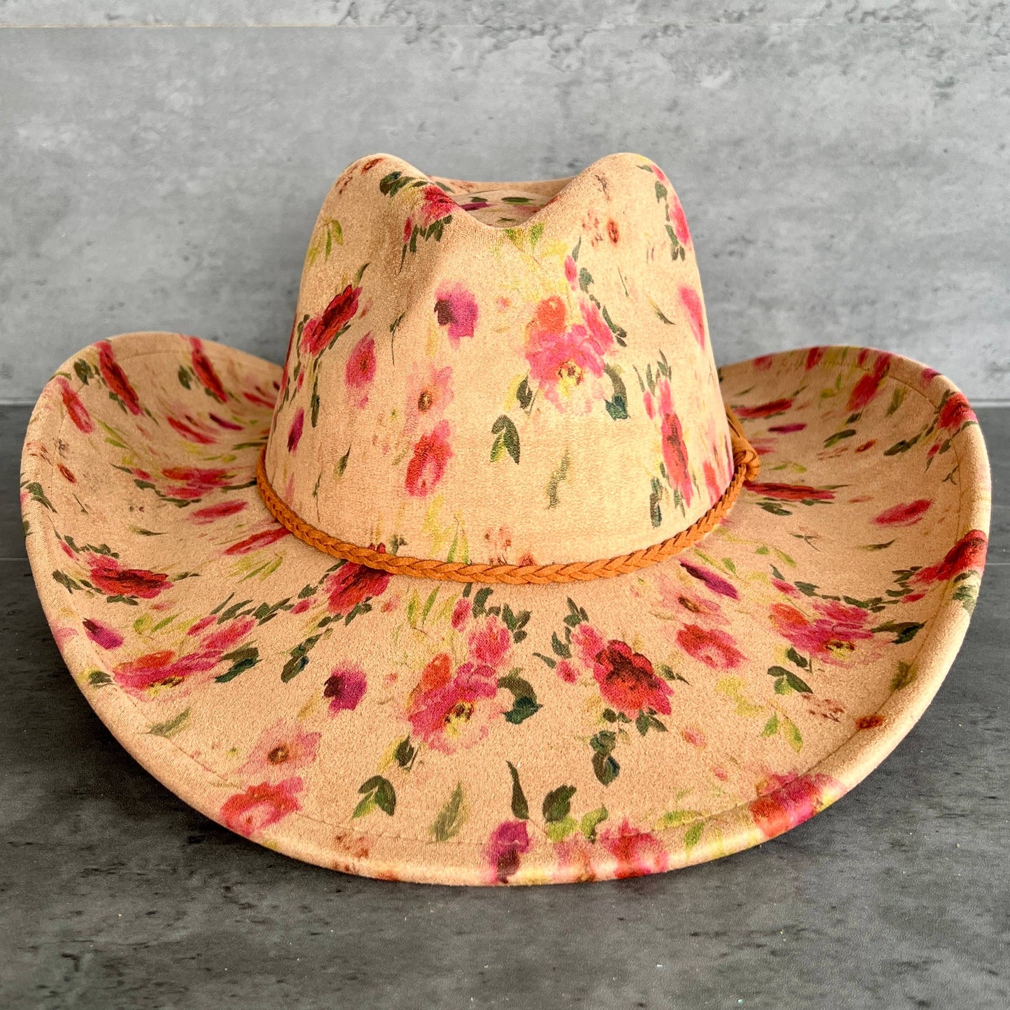 Red Roses Suede Cowboy Hat - Pinched Front