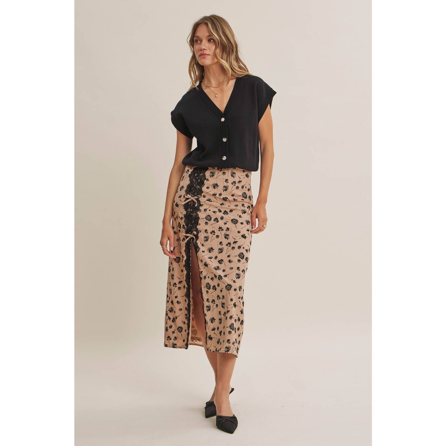 PARIS FLORAL LACE MIDI SLIP SKIRT